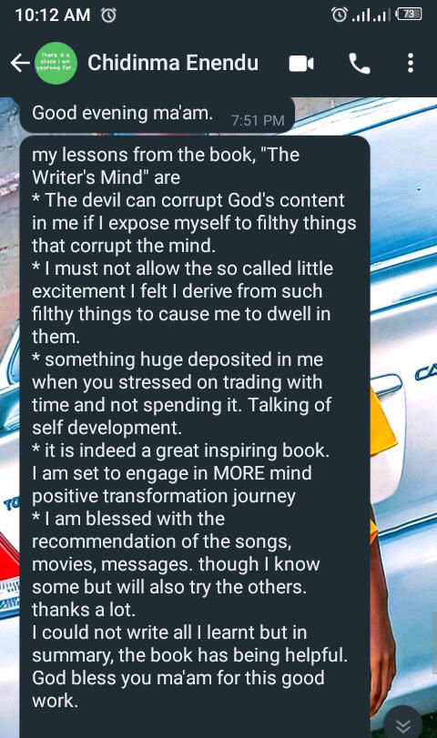 TESTIMONIAL OF 'THE WRITER'S MIND' BY CHIDINMA ENENDU